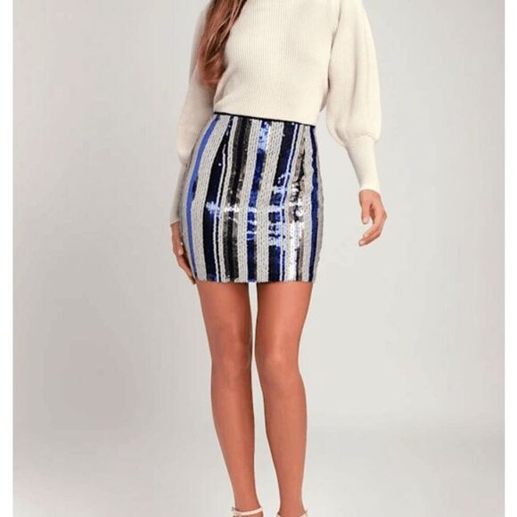 Lulu's Dazzle You Gold and Blue Striped Sequin Mini Skirt Back Zip Size Small - Picture 1 of 11